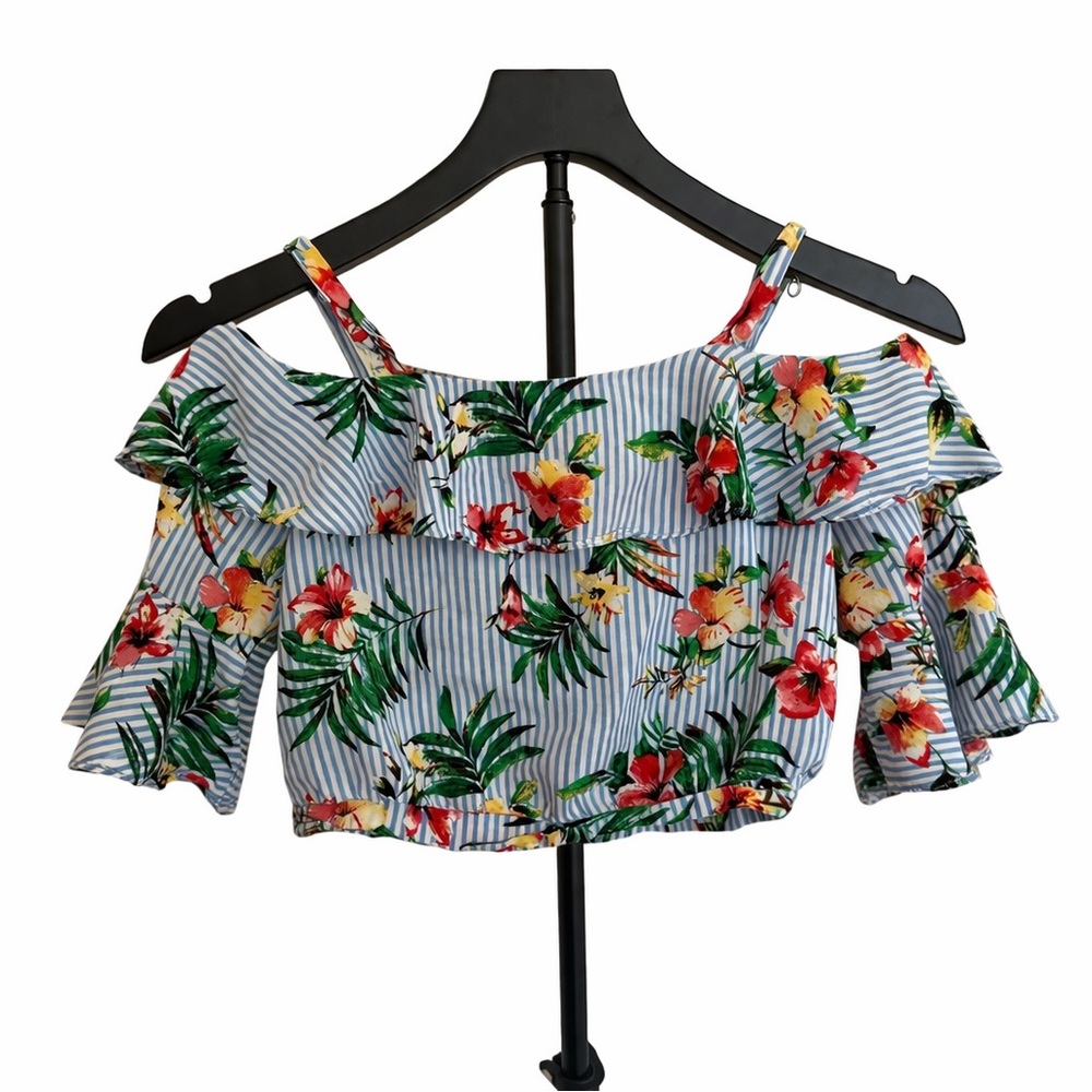 Papermoon Striped Floral Off-Shoulder Top - Blue, White & Green